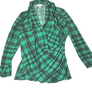 Chaus New York Women’s long sleeve Cowl Neck Wrap Blouse Top Green Black Plaid L
